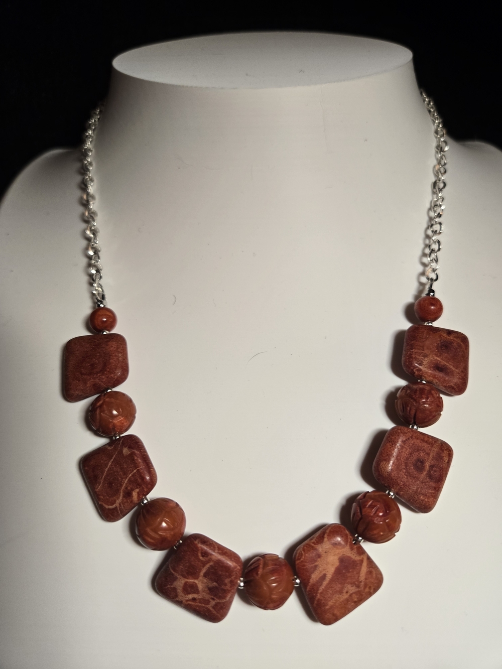 Sponge Coral Statement Necklace With Carved Sponge Coral Floral Beads